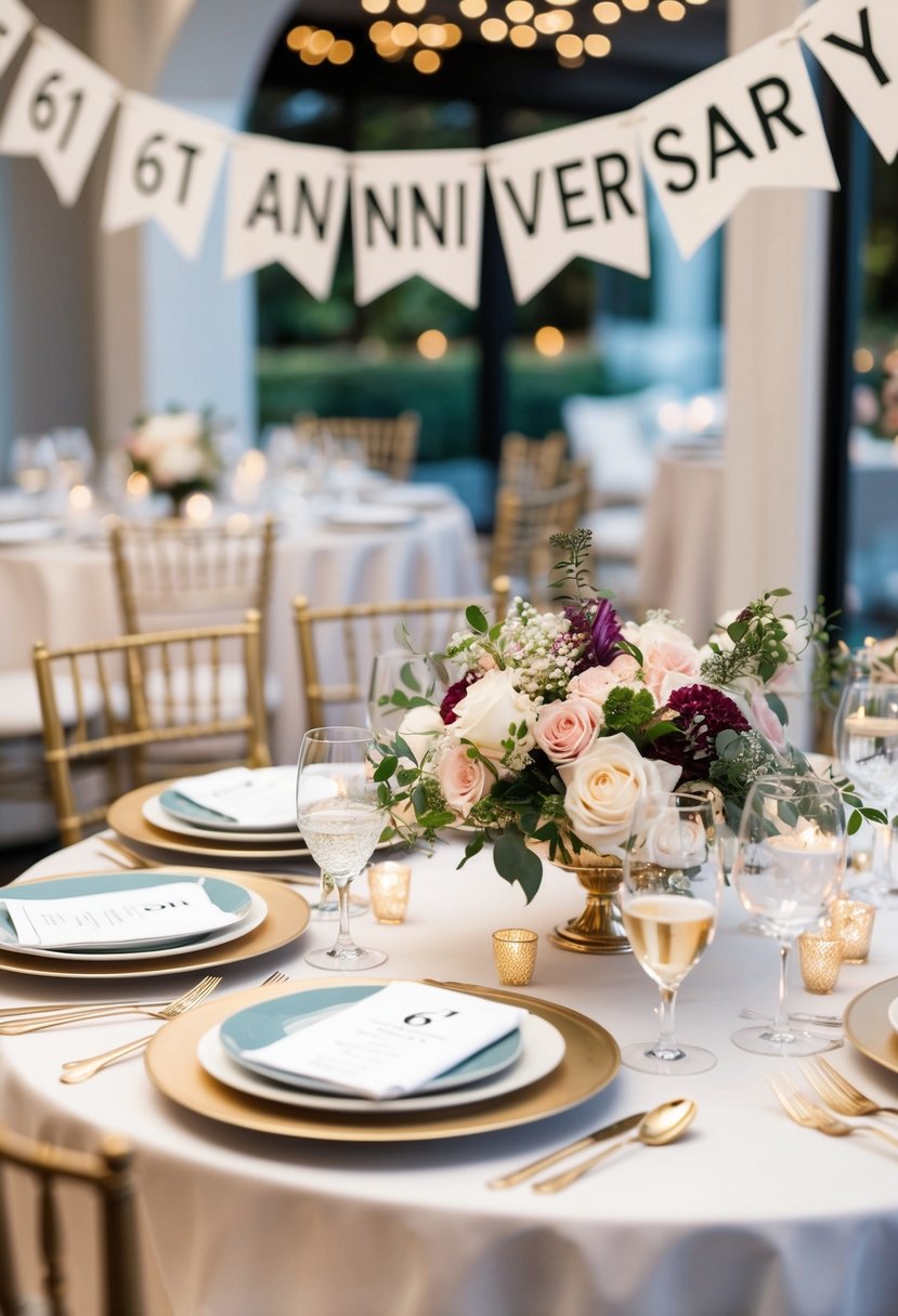 A beautifully set table with elegant dinnerware, a floral centerpiece, and a "61st Anniversary" banner hanging in the background