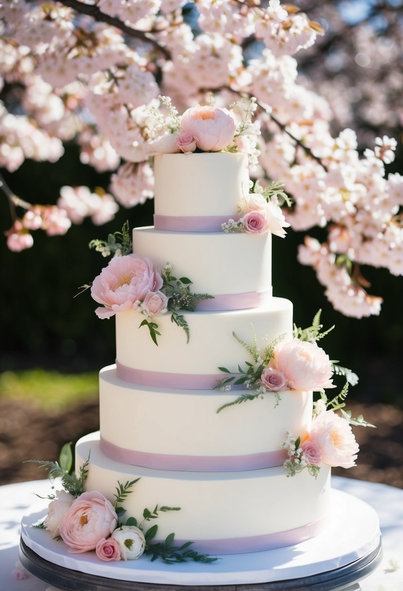 A tiered wedding cake adorned with pastel flowers and delicate greenery, set against a backdrop of blooming cherry blossoms and dappled sunlight