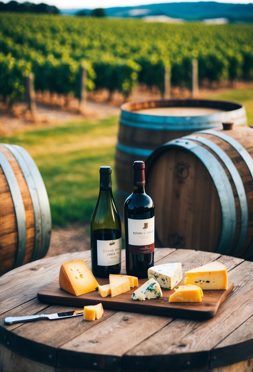 A rustic table with assorted cheeses and wine bottles, surrounded by vineyard views and aged wooden barrels