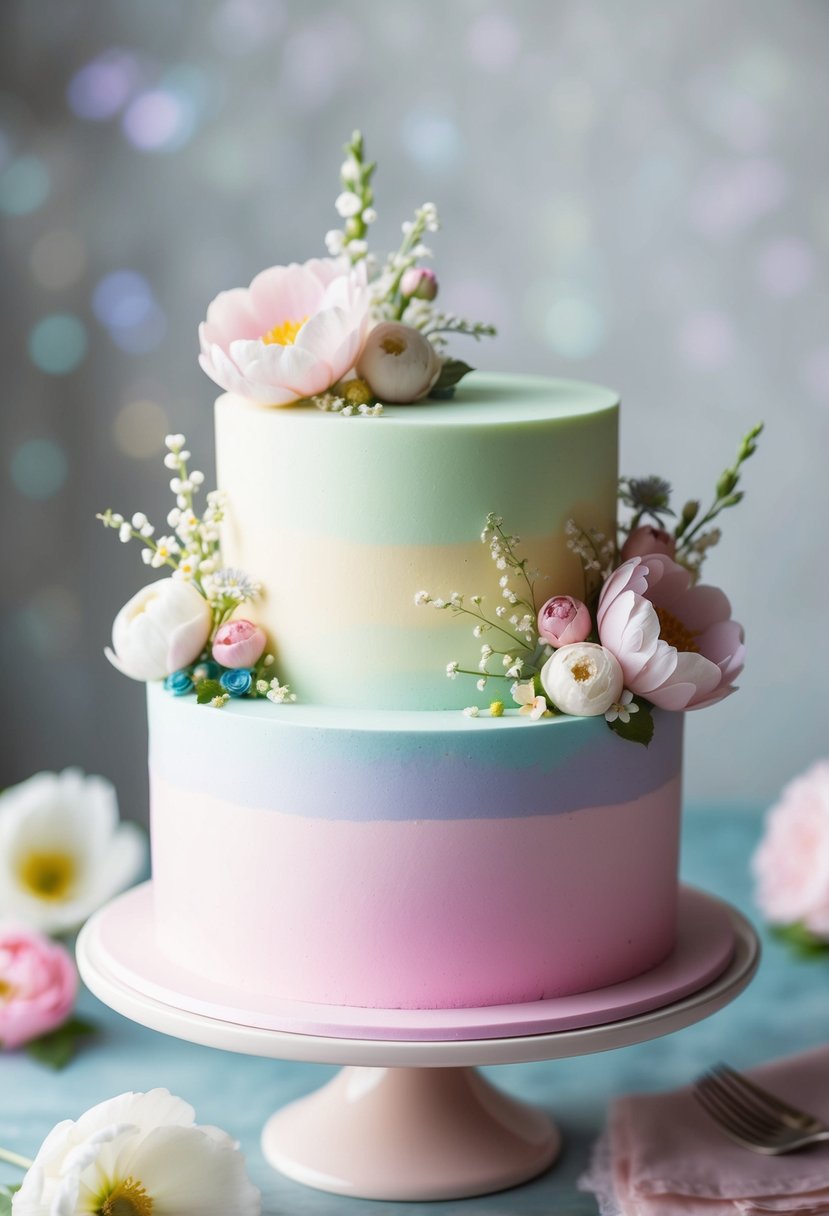 A hand-painted pastel cake adorned with delicate floral accents, evoking the essence of spring