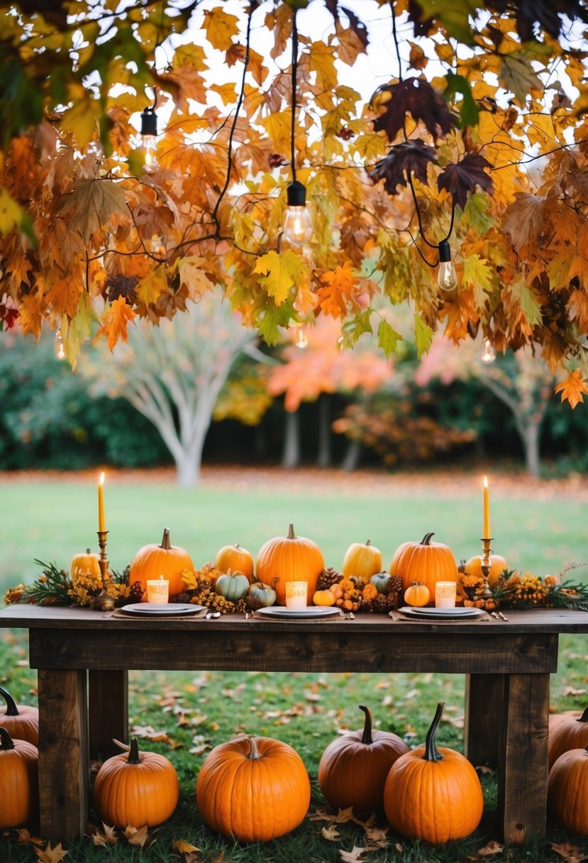 A rustic wooden head table adorned with fall foliage, pumpkins, and candles under a canopy of colorful autumn leaves