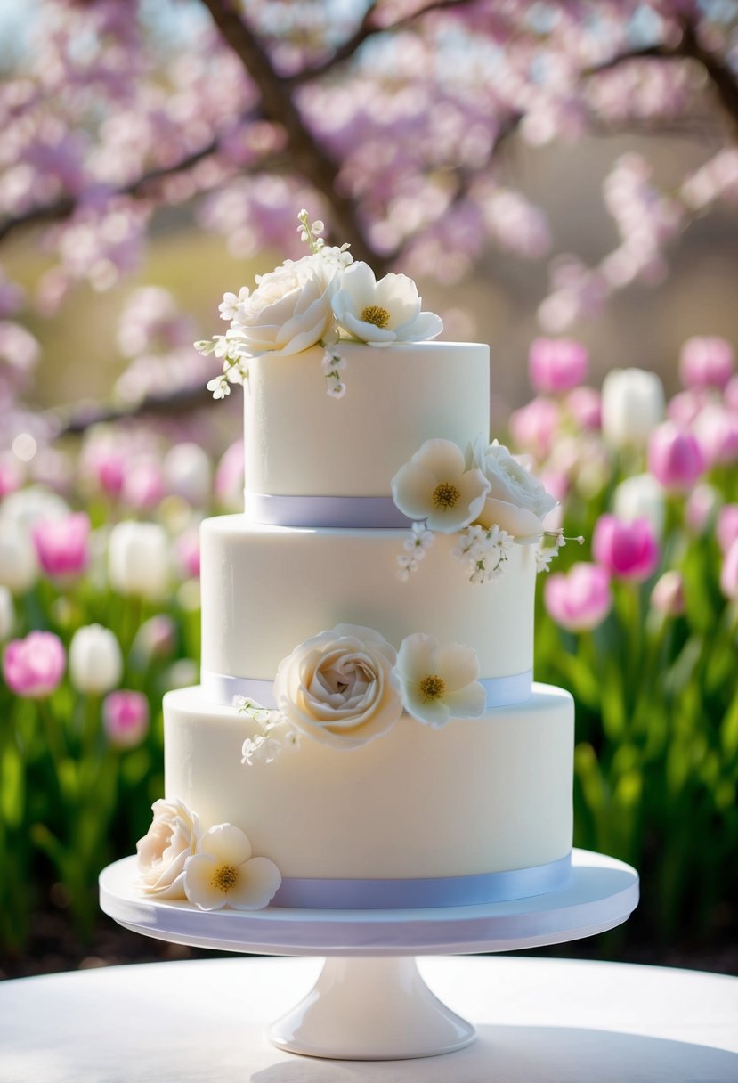 A two-tiered wedding cake adorned with delicate buttercream flowers, set against a backdrop of blooming spring flowers