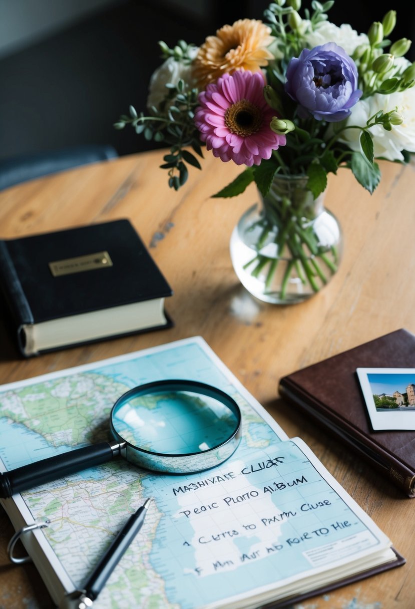 A table set with a map, magnifying glass, and handwritten clues. A photo album and a vase of flowers sit nearby