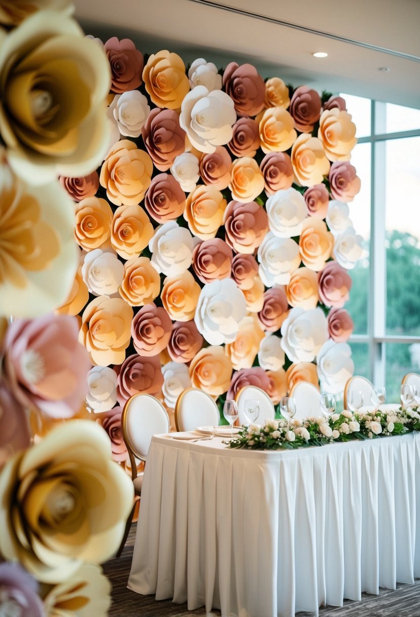 A head table at a wedding with a giant paper flower wall backdrop