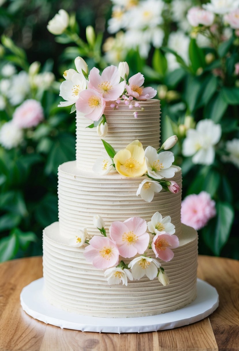 A three-tiered textured cake adorned with edible spring blossoms in pastel colors, set against a backdrop of lush greenery and blooming flowers