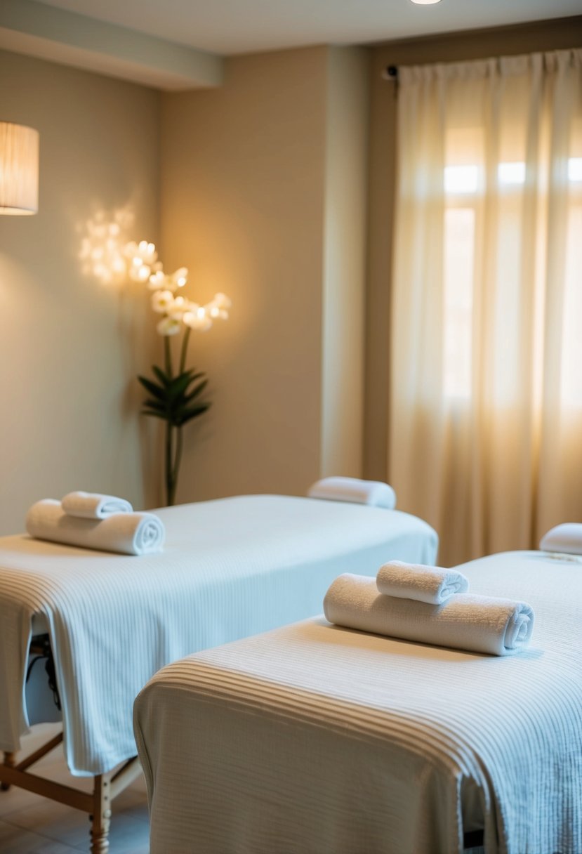 A serene spa setting with two massage tables, soft lighting, and calming decor