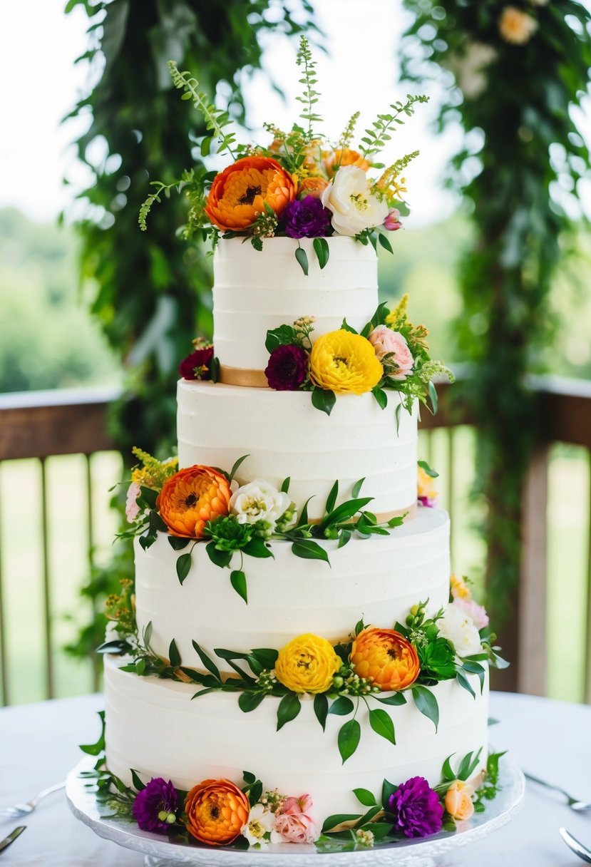 A three-tiered wedding cake covered in vibrant, blooming flowers of various sizes and colors, with green foliage intertwined throughout the design