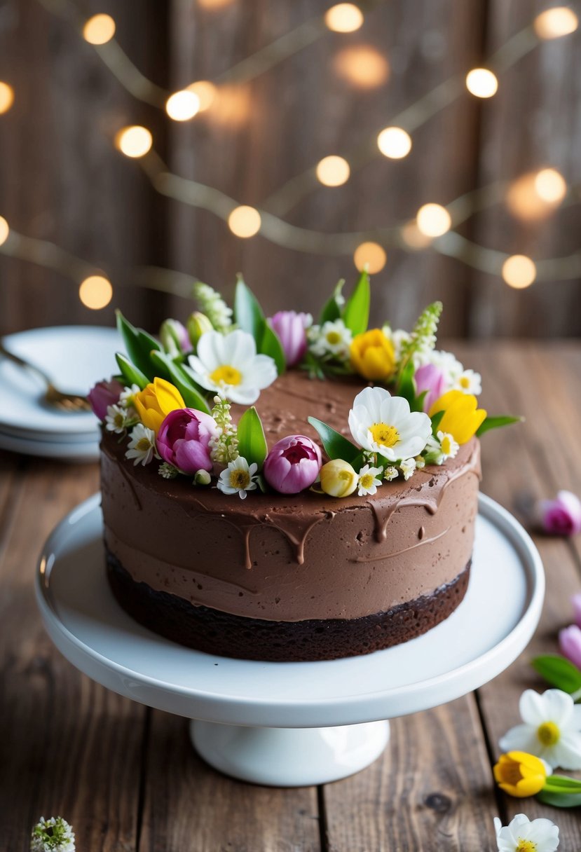 A rustic chocolate cake adorned with fresh spring flowers