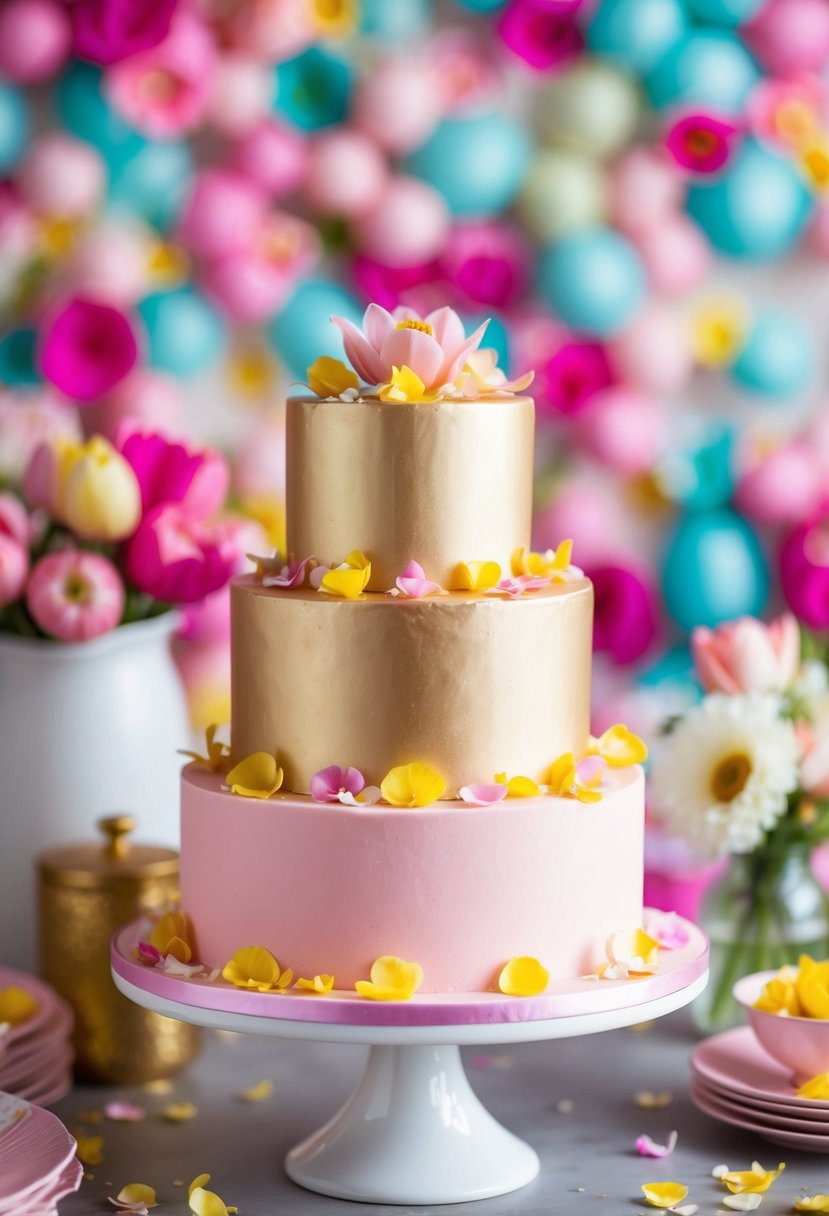 A pink and gold tiered cake adorned with edible flower petals, set against a backdrop of springtime colors and decor