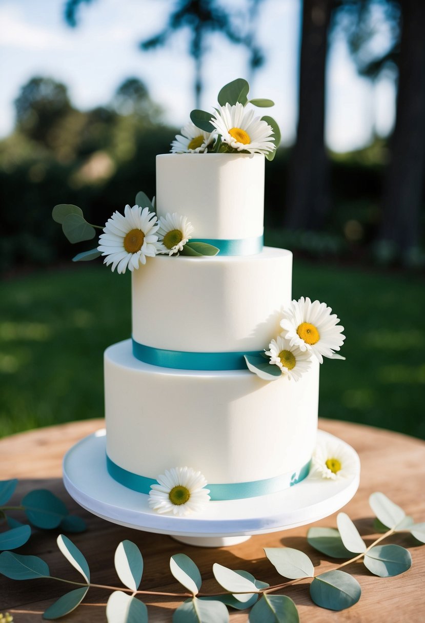 A three-tier cake adorned with fresh daisies and eucalyptus leaves