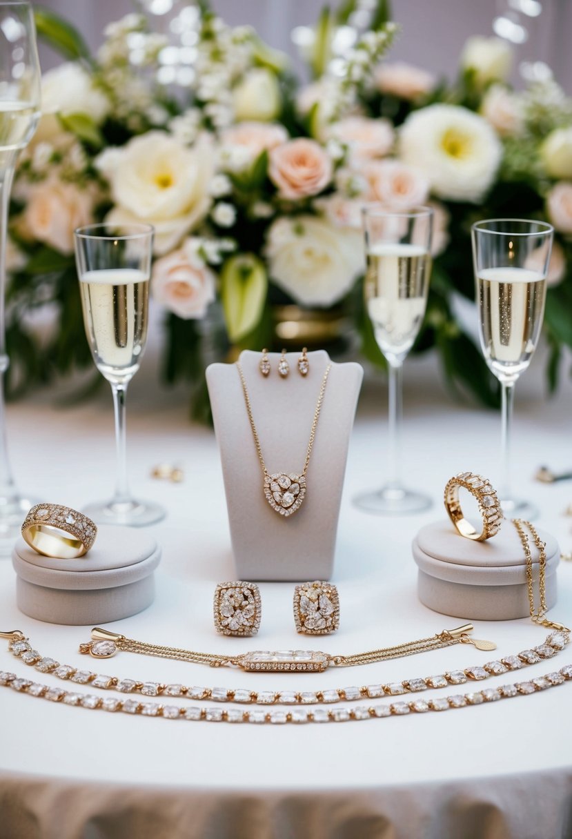 A table adorned with elegant jewelry pieces, including necklaces, earrings, and bracelets, set against a backdrop of soft floral arrangements and sparkling champagne glasses