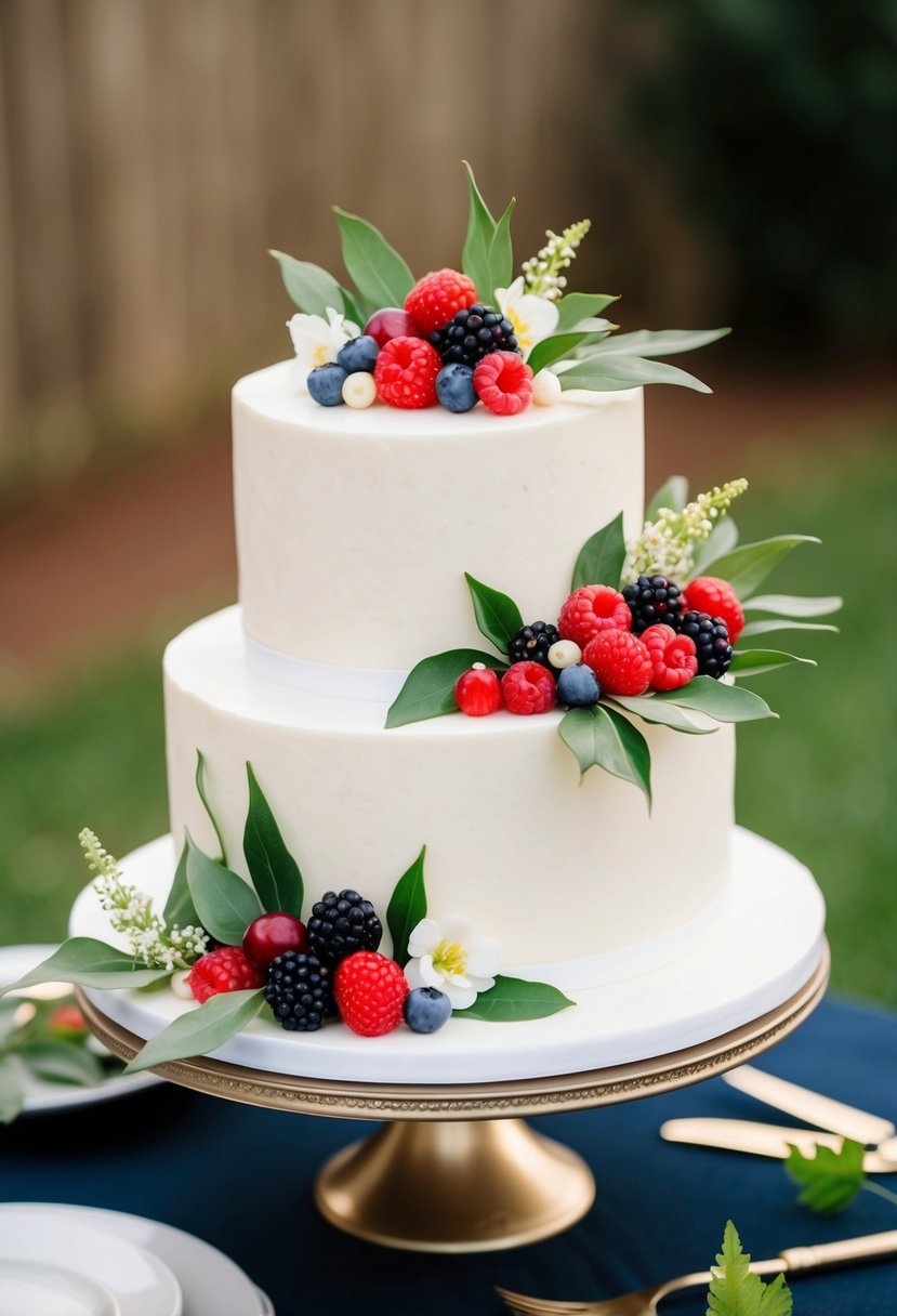 An elegant wedding cake adorned with mixed berries and leaves, perfect for a spring celebration