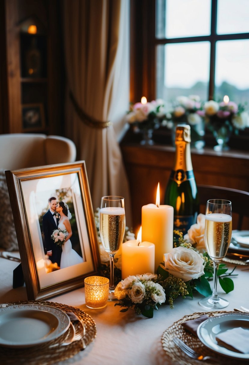 A cozy table set for two with candles, flowers, and champagne. A framed wedding photo sits nearby, surrounded by nostalgic mementos