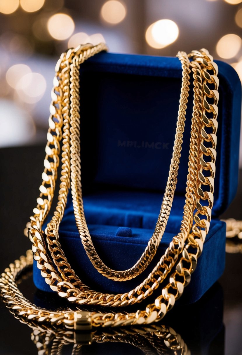 A golden Merrick chain necklace draped over a velvet jewelry box