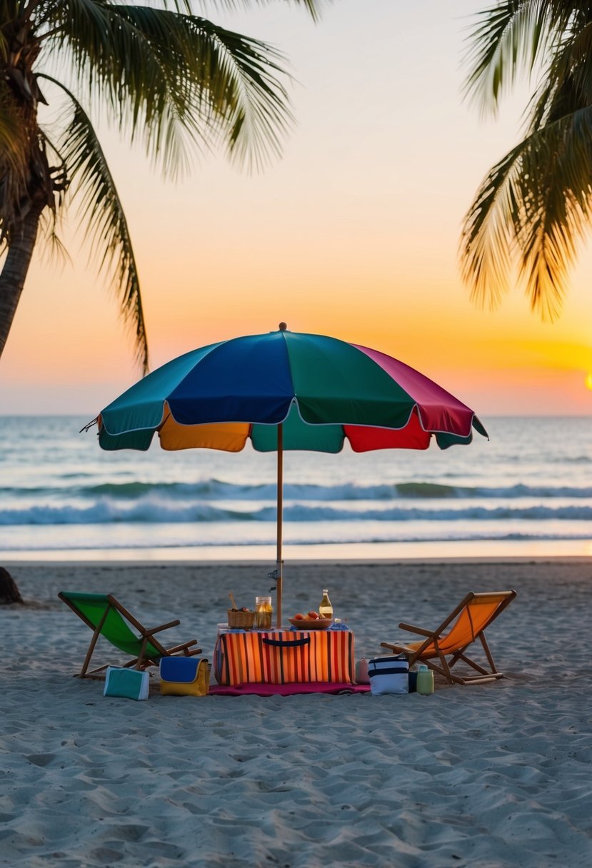 A secluded beach at sunset, with a picnic set up under a colorful umbrella, surrounded by palm trees and the sound of crashing waves