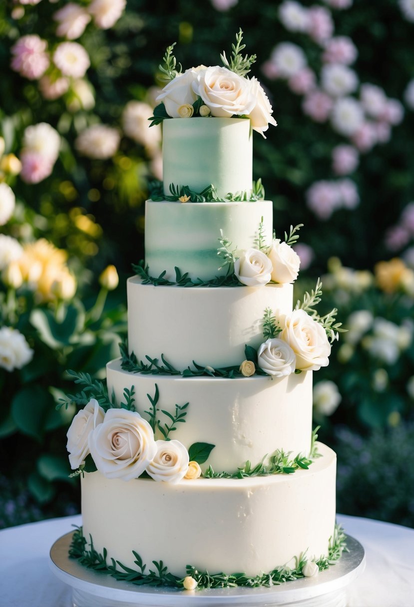 A multi-tiered garden-themed cake adorned with buttercream roses and delicate greenery, set against a backdrop of blooming flowers and lush foliage