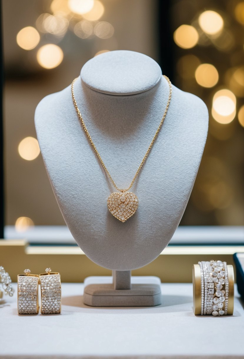 A delicate gold pendant necklace displayed on a velvet jewelry stand, surrounded by sparkling earrings and bracelets