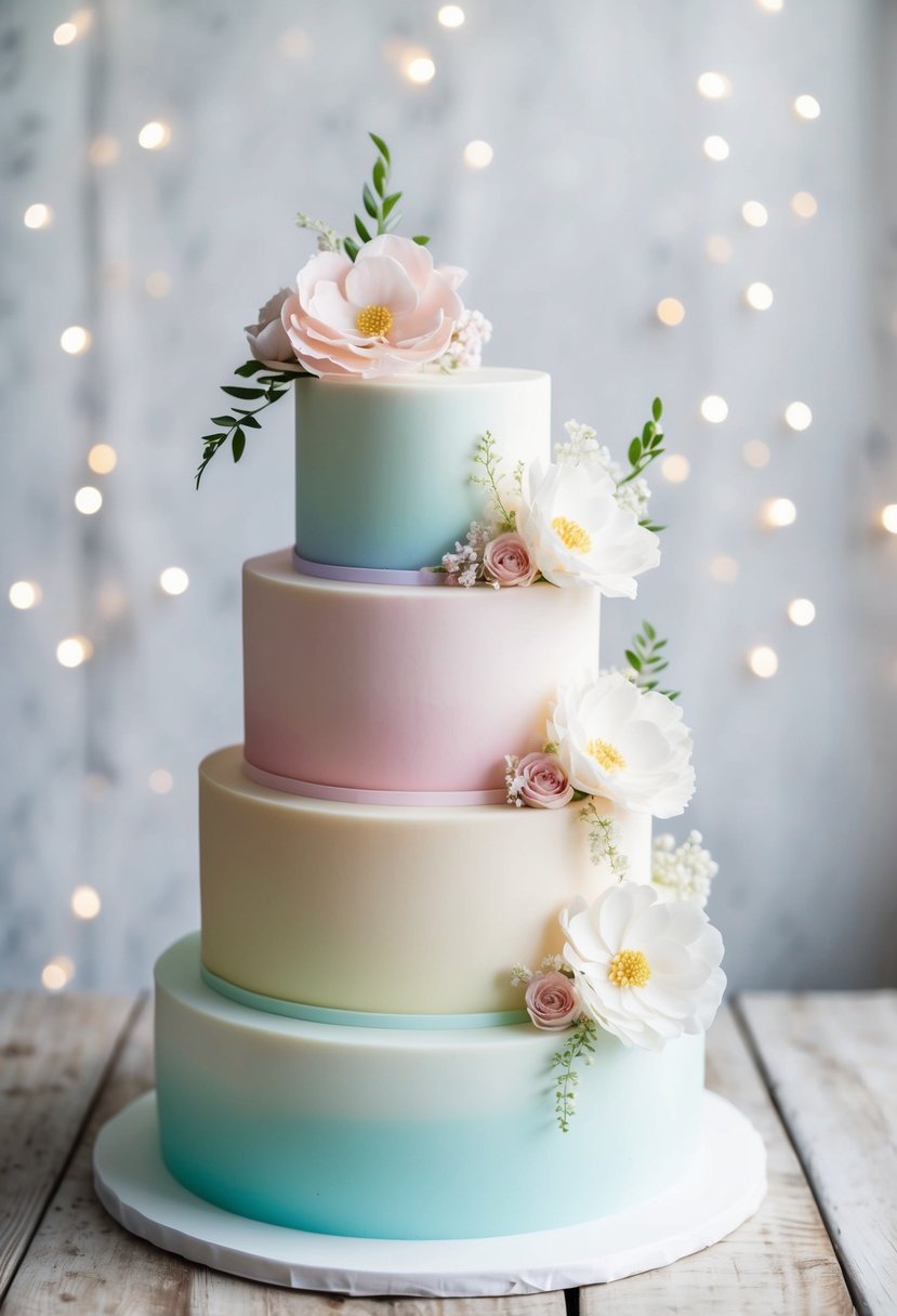 A three-tiered pastel ombre cake with delicate floral decorations and white fondant icing