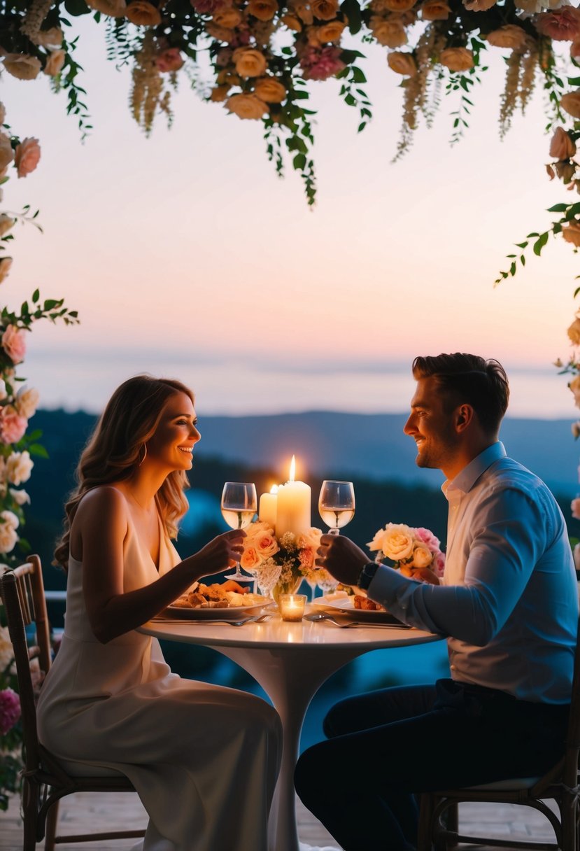 A couple enjoying a romantic dinner at a candlelit table, surrounded by beautiful flowers and a scenic view