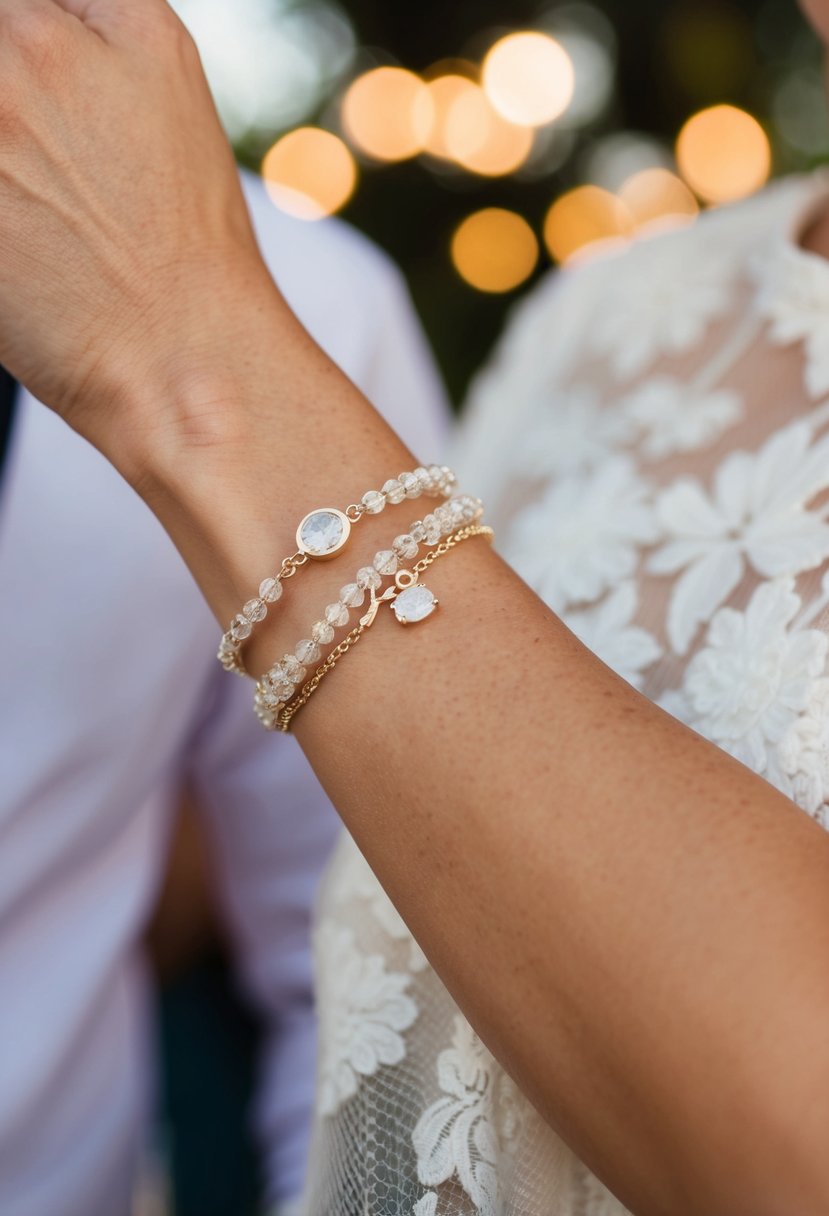 A delicate wrist adorned with the Olive & Piper Foret Bracelet, catching the light at a wedding reception