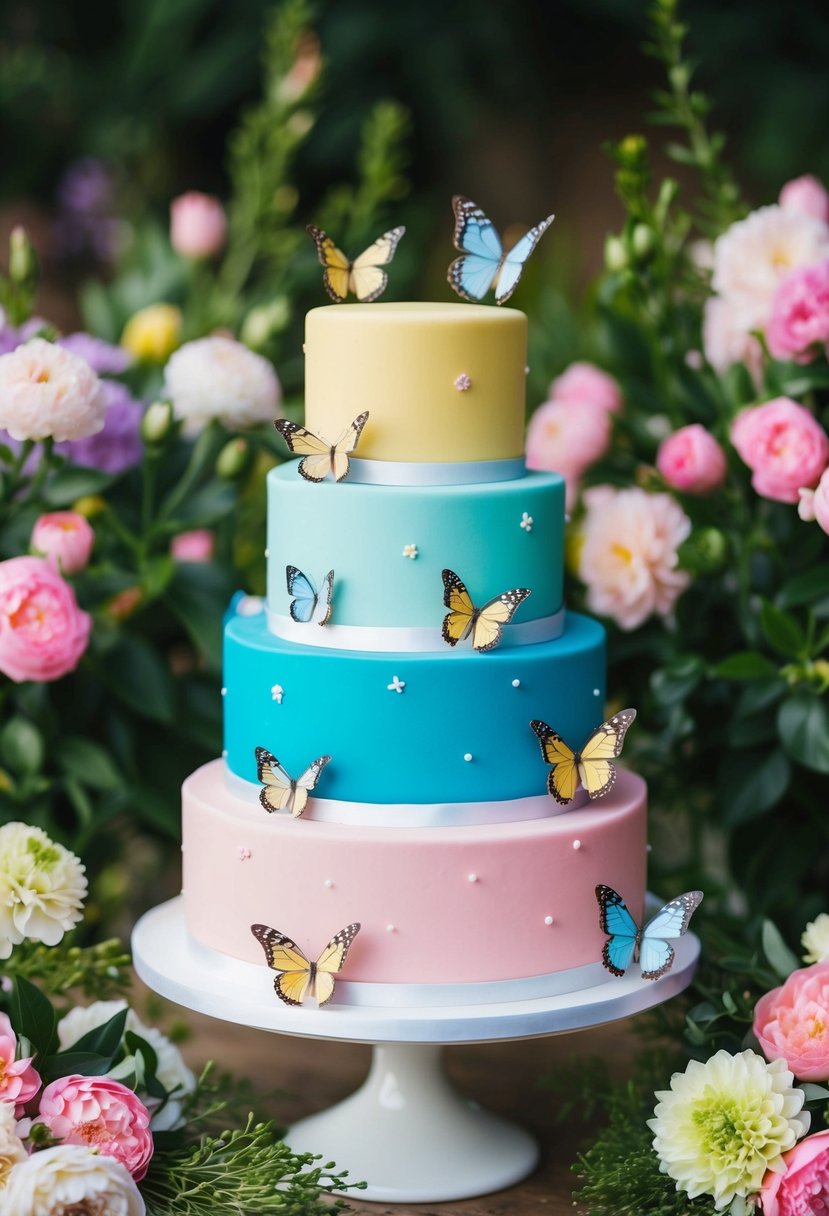 A colorful, tiered cake adorned with delicate sugar butterflies, surrounded by blooming flowers and greenery