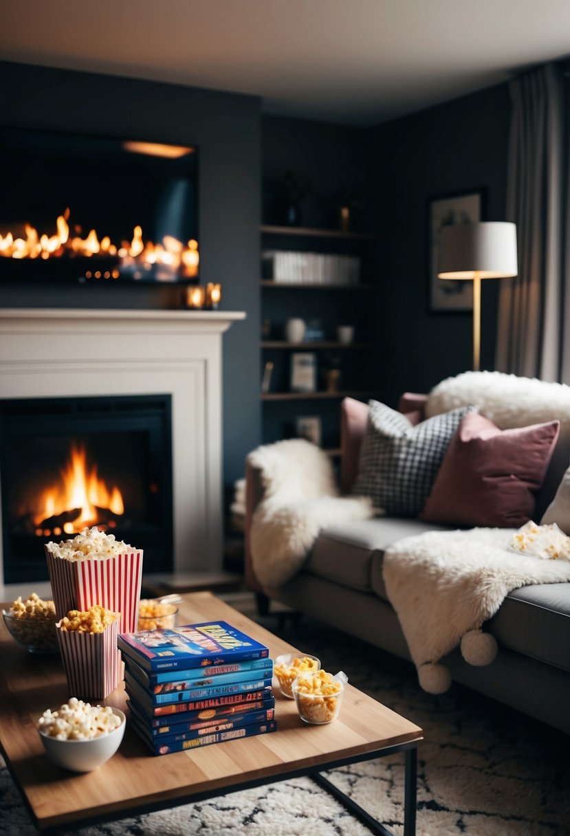 A dimly lit living room with a crackling fireplace, a comfortable sofa with fluffy blankets, and a coffee table adorned with popcorn, snacks, and a stack of beloved movie DVDs