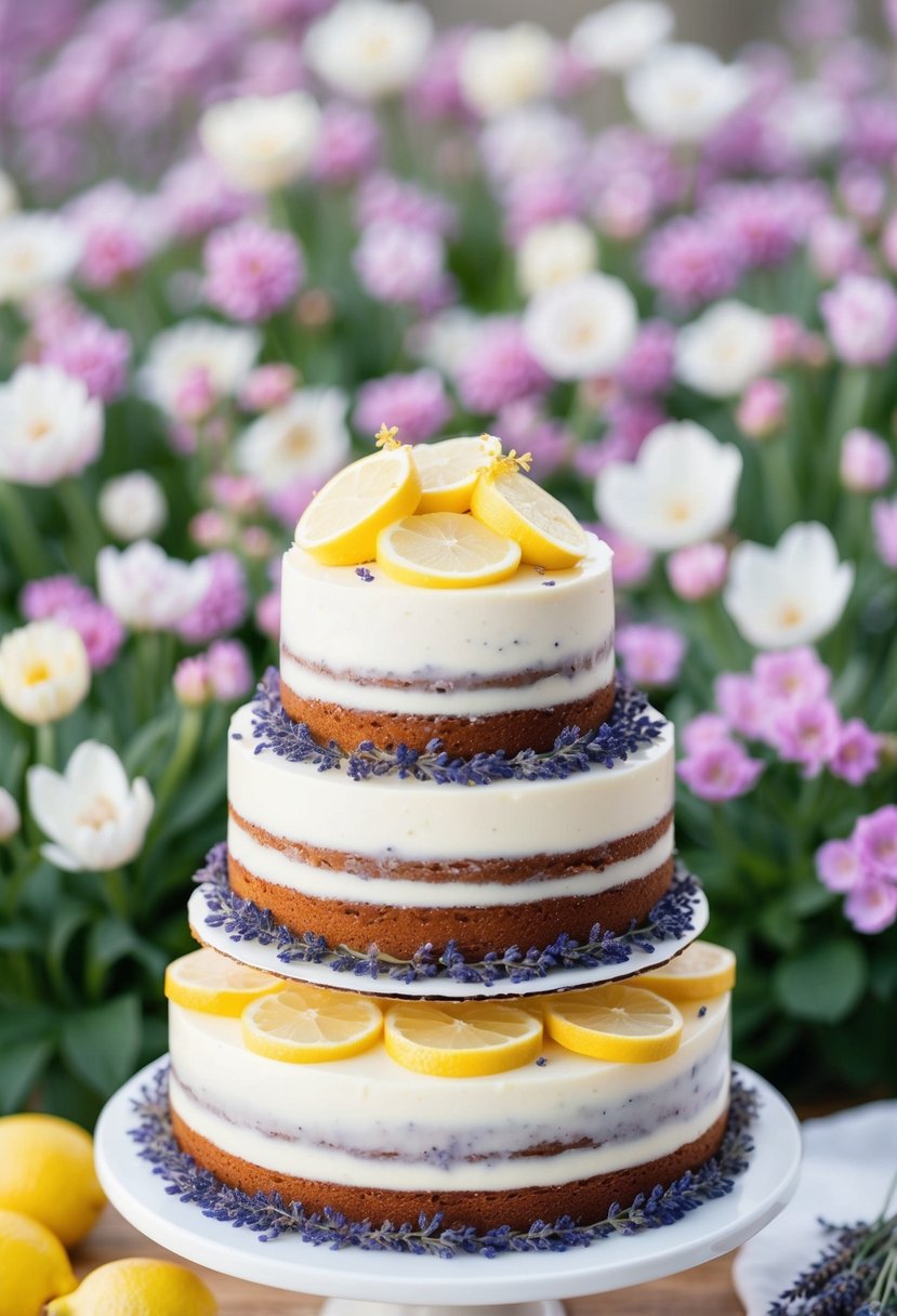 A tiered cake adorned with fresh lavender and lemon slices, topped with zested lemon, set against a backdrop of blooming spring flowers