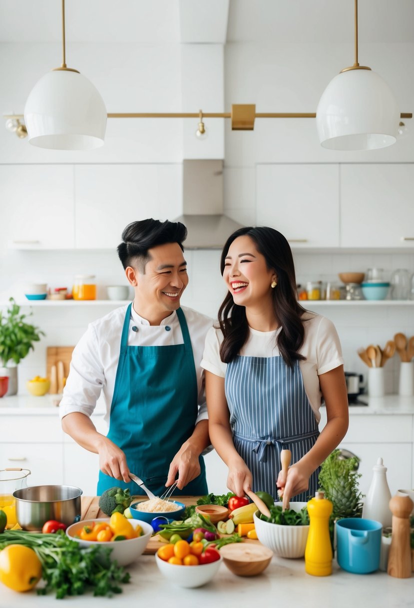 A couple joyfully cooks together in a bright, organized kitchen, surrounded by colorful ingredients and cooking utensils