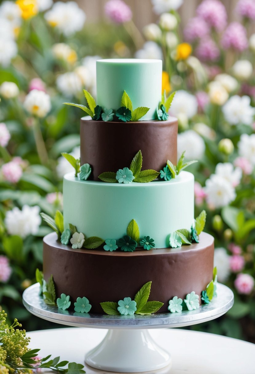 A three-tiered mint and chocolate cake adorned with green floral and leaf accents, set against a backdrop of spring flowers and foliage