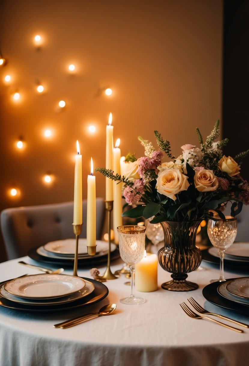 A cozy dining table with lit candles, elegant tableware, and a bouquet of flowers, set against a warm and inviting backdrop