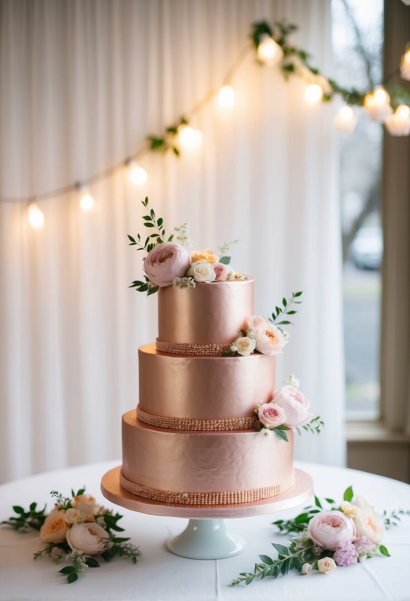 A three-tiered rose gold cake adorned with pastel floral decorations sits on a white table, surrounded by soft spring lighting