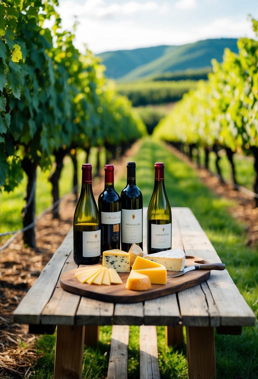 A rustic vineyard setting with a wooden table adorned with an assortment of cheeses and wine bottles, surrounded by lush grapevines and rolling hills