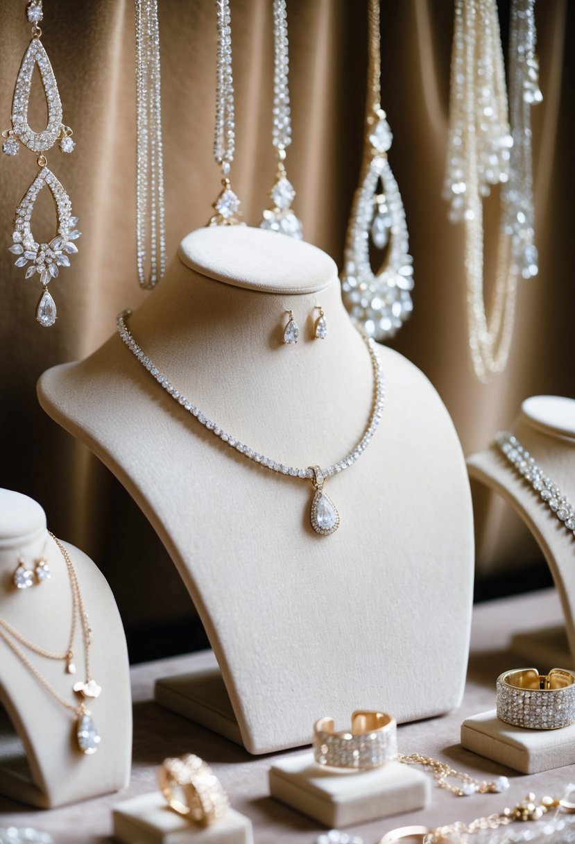 A sparkling display of elegant wedding guest jewelry, featuring delicate necklaces, shimmering earrings, and dainty bracelets, all arranged on a luxurious velvet backdrop