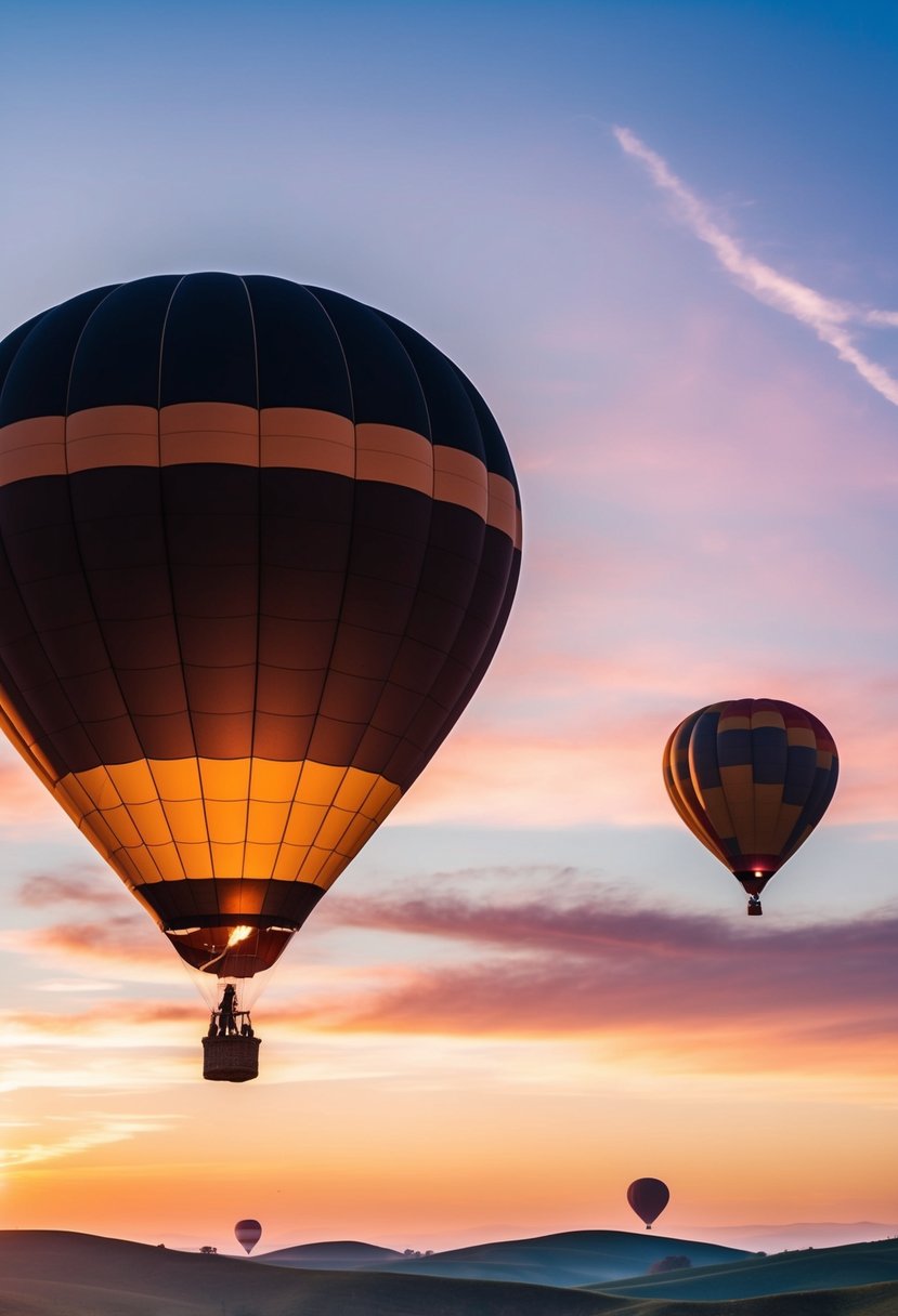 A hot air balloon floats above rolling hills at sunset, with a colorful sky and a serene landscape below