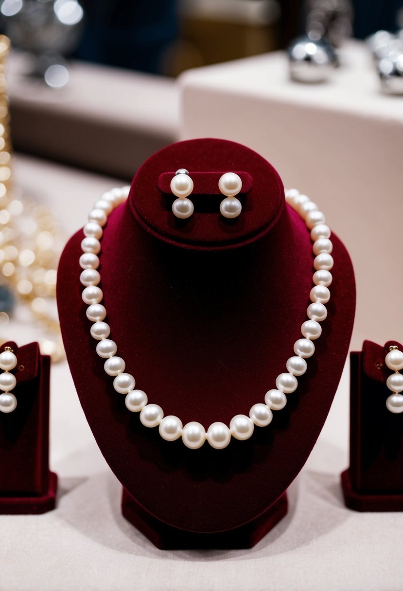 A pearl necklace and matching pearl studs arranged on a velvet jewelry display