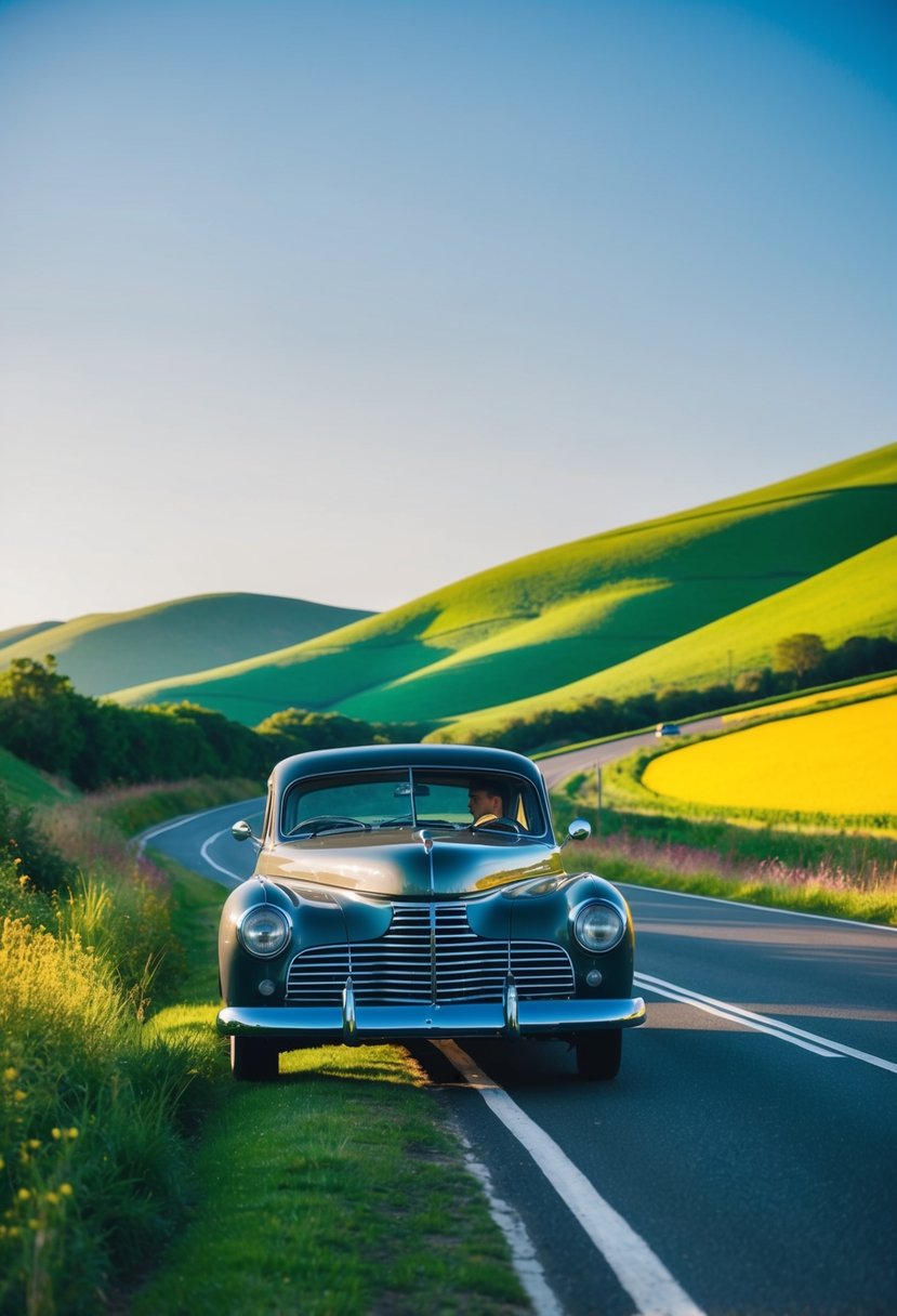 A vintage car drives along a winding road, passing through lush green hills and colorful fields under a clear blue sky