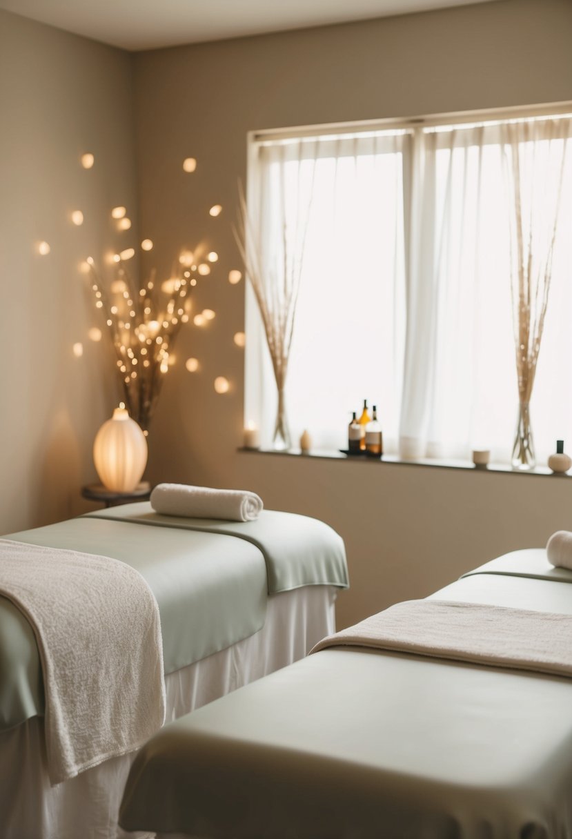 A serene spa room with two massage tables, soft lighting, and soothing music. Aromatherapy scents fill the air, creating a peaceful and romantic atmosphere for the couple's anniversary celebration