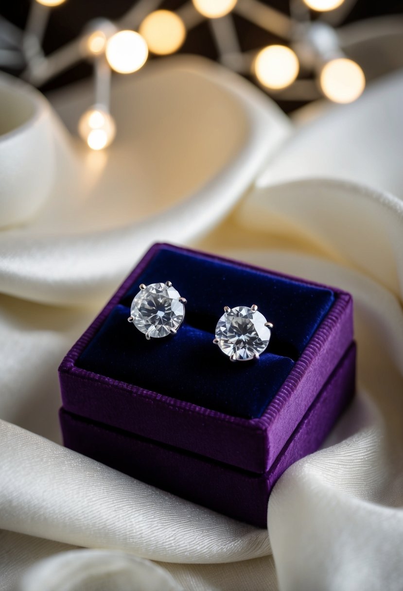 Two diamond studs on a velvet jewelry box, surrounded by soft lighting and elegant fabric