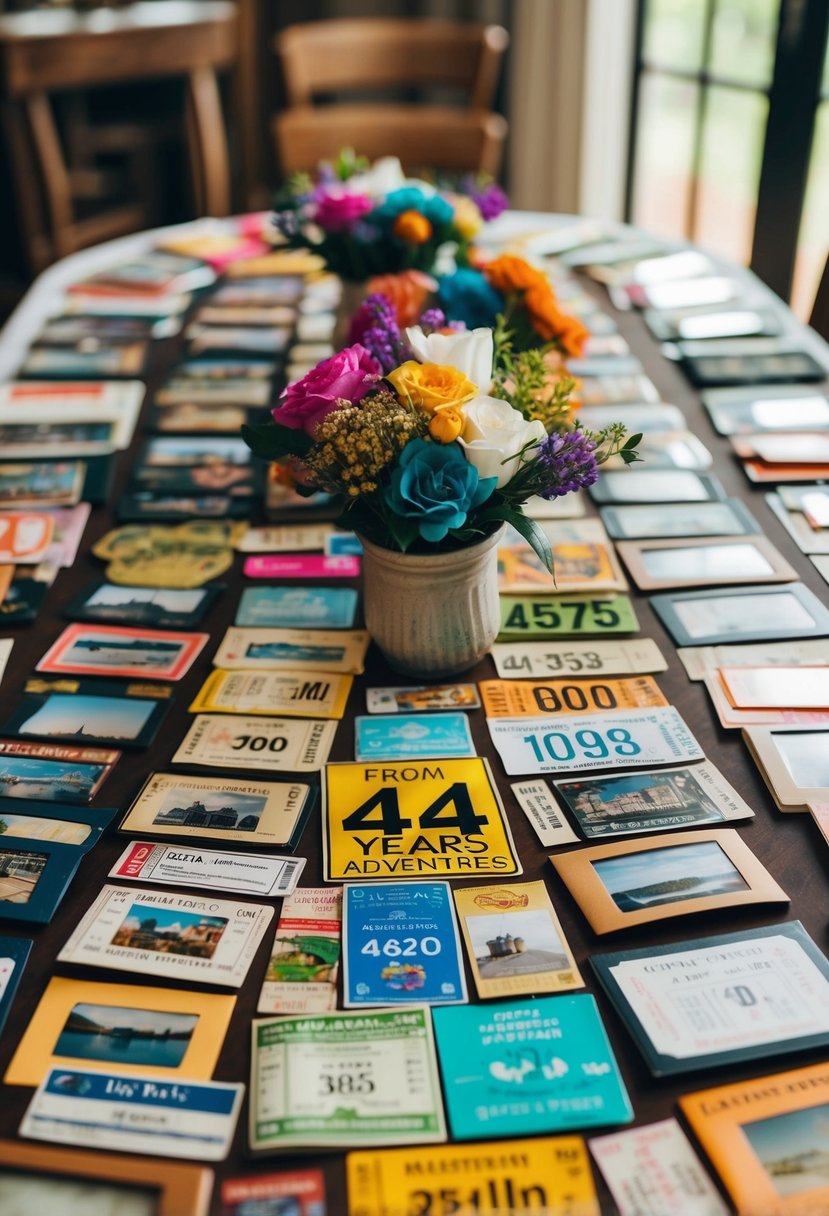 A table adorned with a colorful array of photos, tickets, and trinkets from 44 years of adventures together