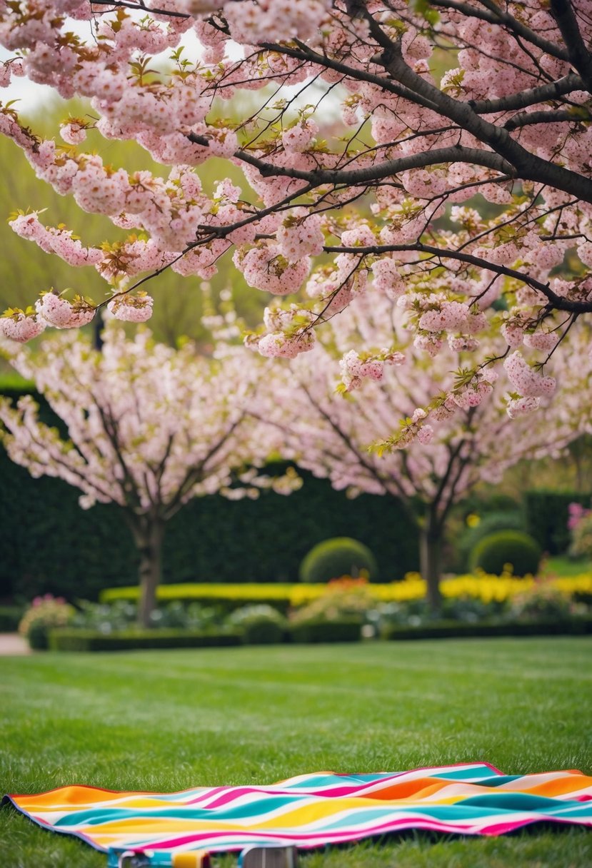 A colorful picnic blanket spread under a blooming cherry blossom tree in a lush, manicured garden