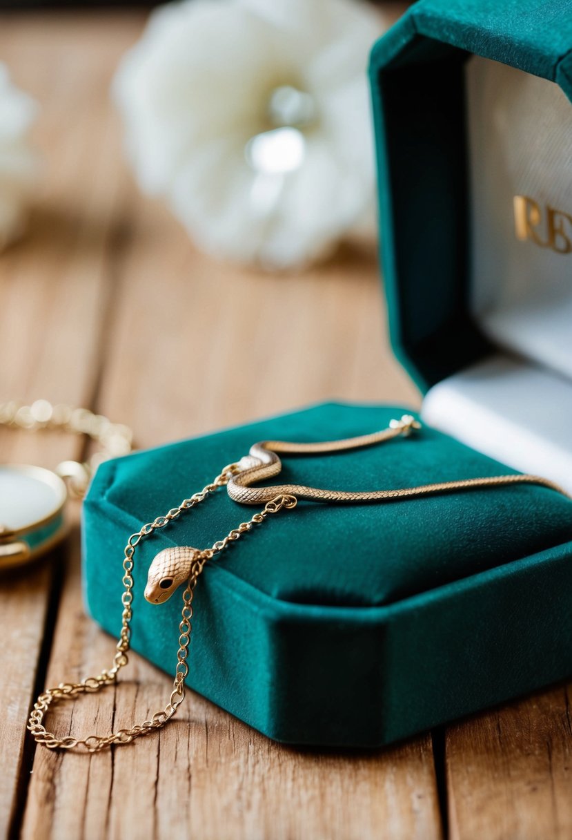 A dainty snake chain bracelet draped over a velvet jewelry box