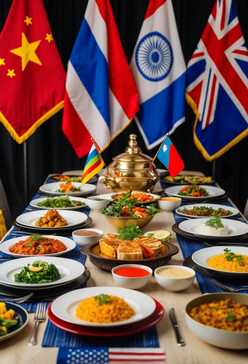 A table set with dishes from various countries, surrounded by flags and cultural decorations