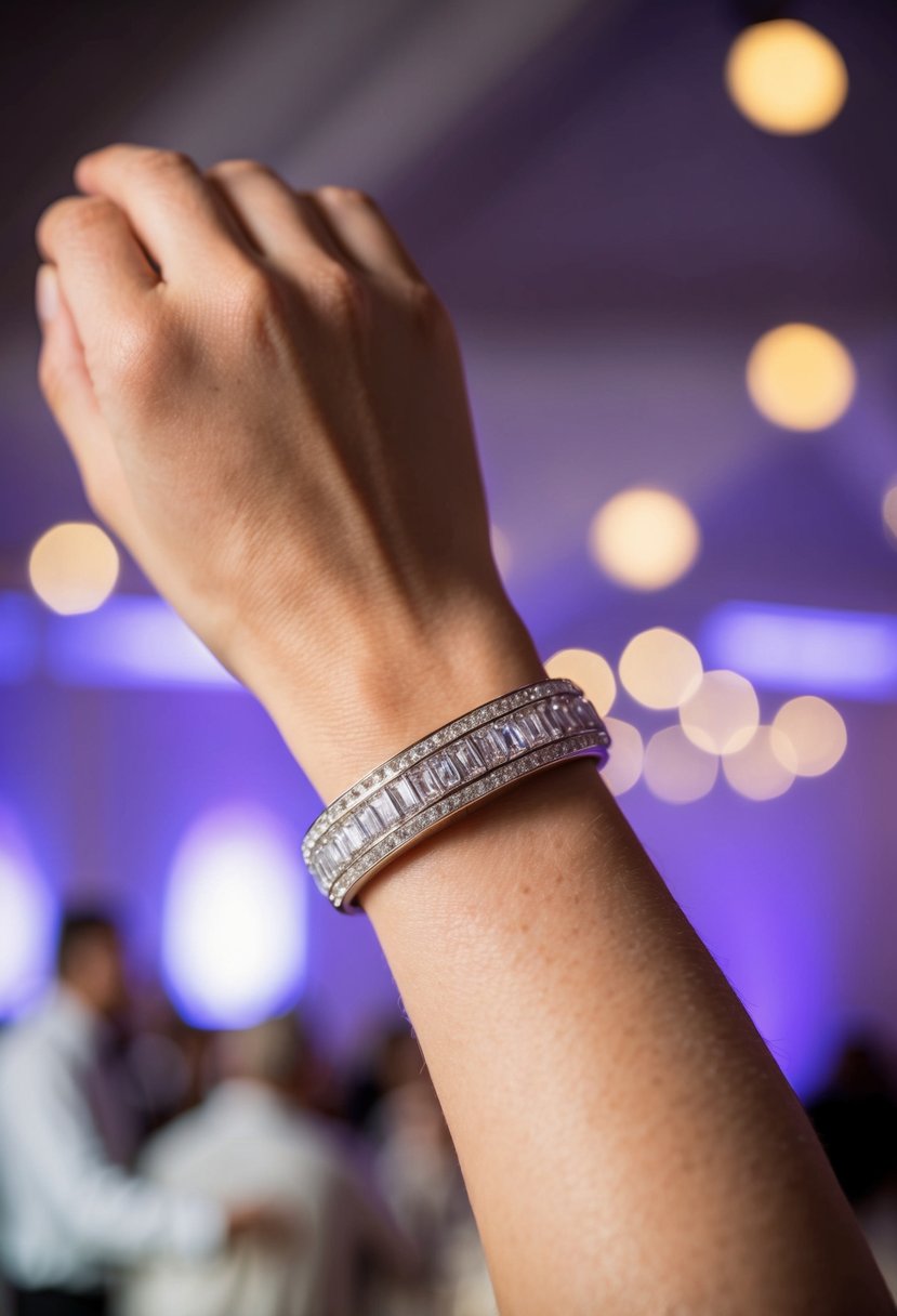 A delicate wrist adorned with a sparkling tennis bracelet, catching the light at a glamorous wedding reception