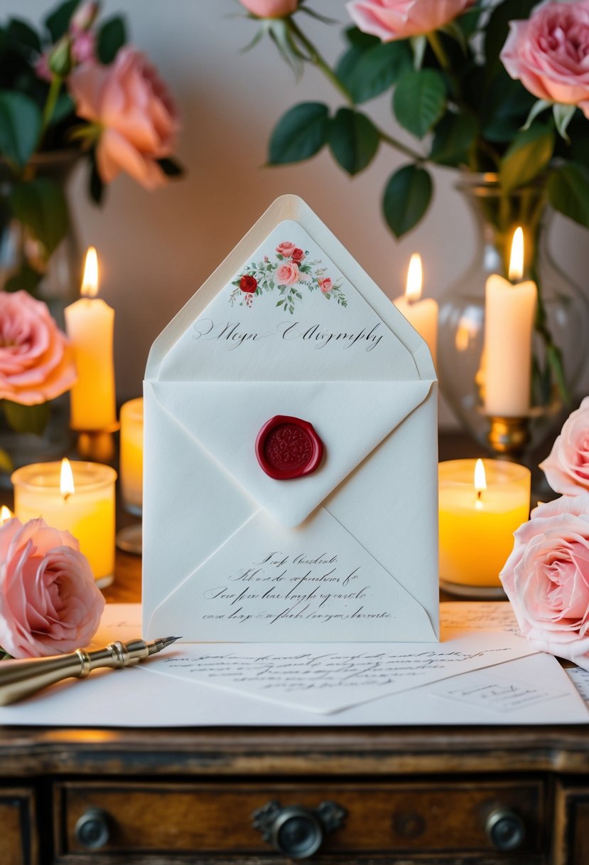 Two elegant envelopes, one sealed with a red wax stamp, and the other adorned with delicate calligraphy, sit on a vintage writing desk surrounded by blooming roses and flickering candles