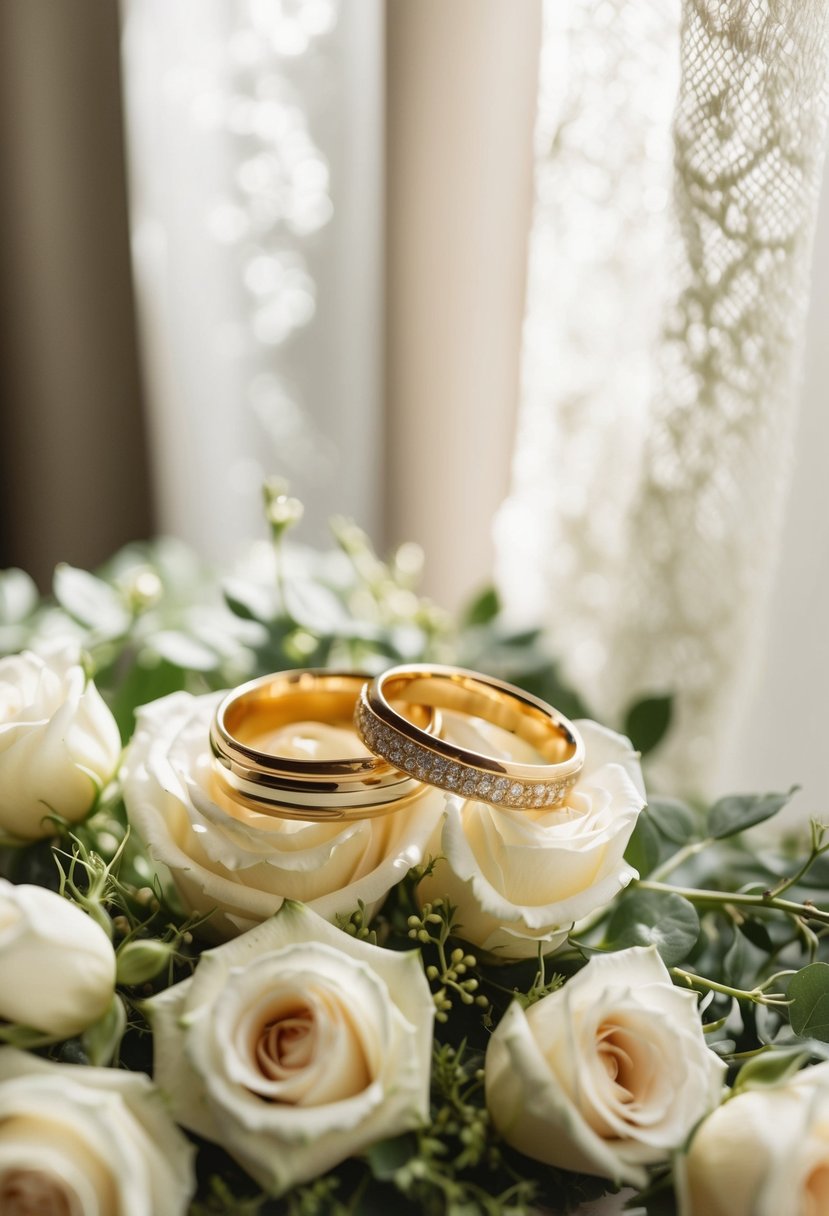 A pair of intertwined gold wedding rings resting on a bed of delicate white roses and greenery, with soft sunlight streaming through a lace curtain in the background