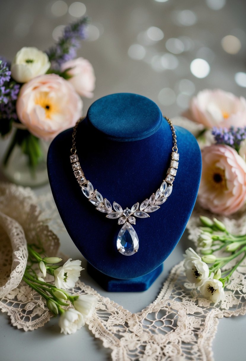 A vintage crystal necklace displayed on a velvet jewelry stand, surrounded by delicate lace and floral accents