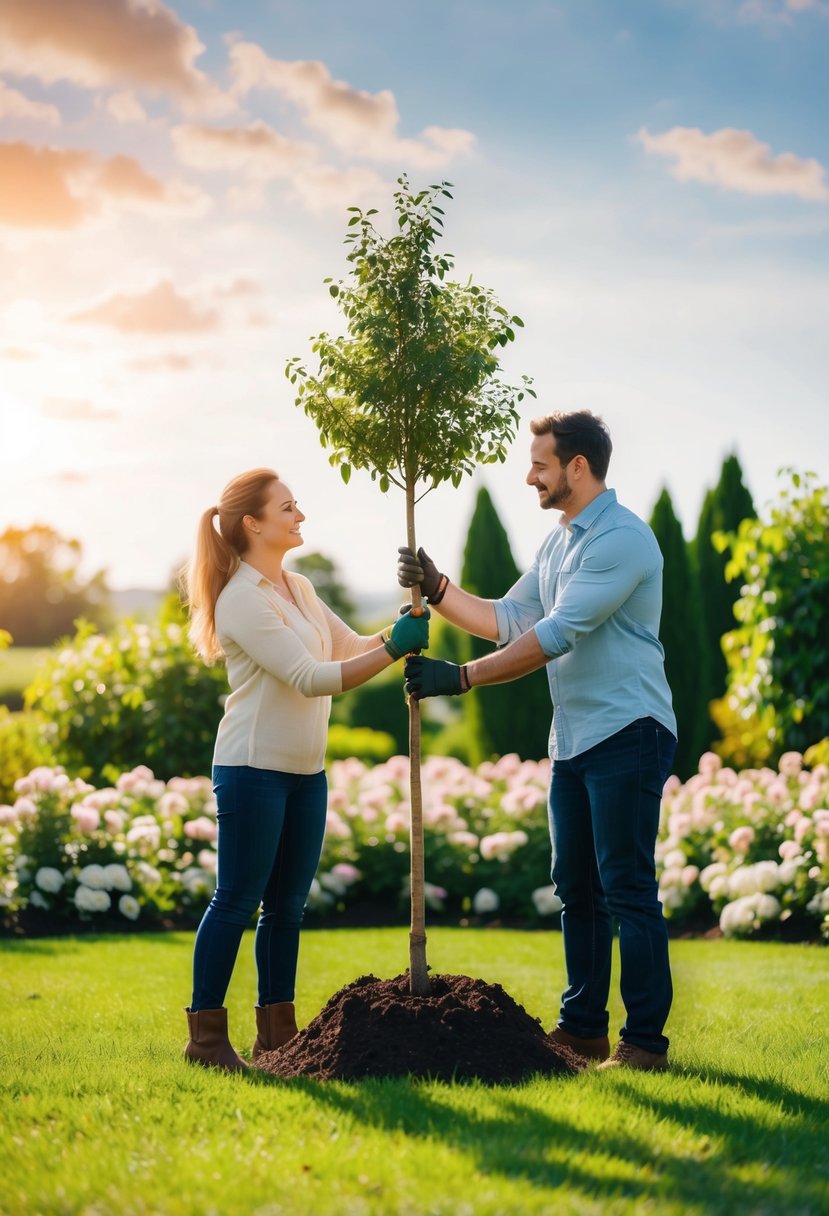 A couple planting a tree together in a lush garden, surrounded by blooming flowers and a warm, sunny sky