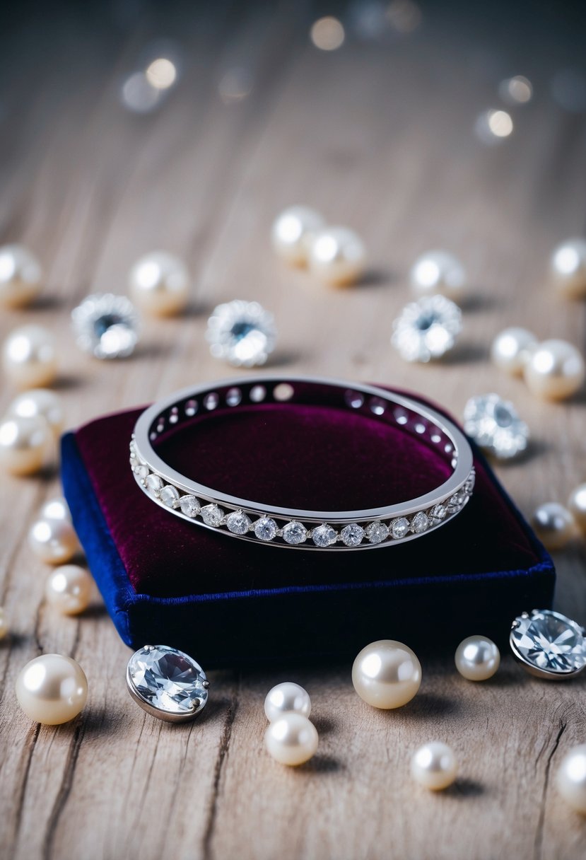 A delicate silver bracelet rests on a velvet cushion, surrounded by sparkling gemstones and pearls