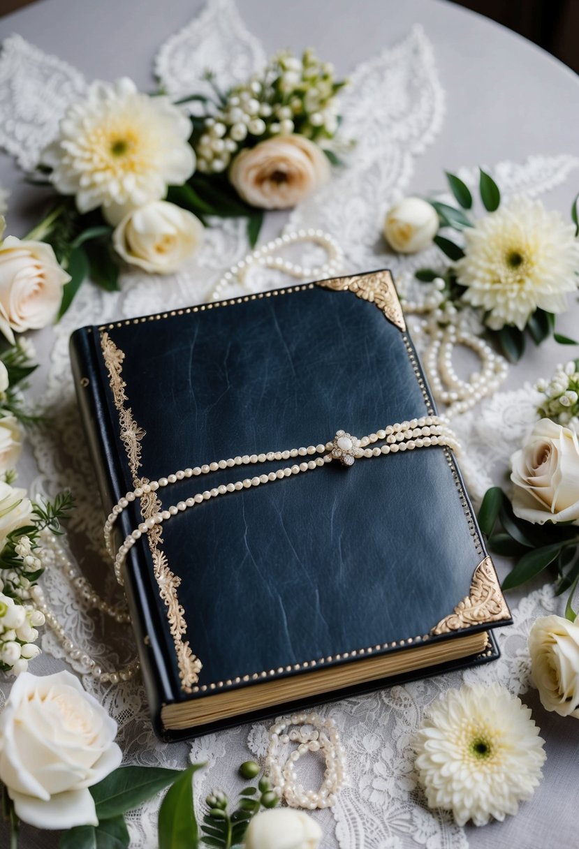 A vintage leather wedding album surrounded by elegant lace, pearls, and delicate floral arrangements