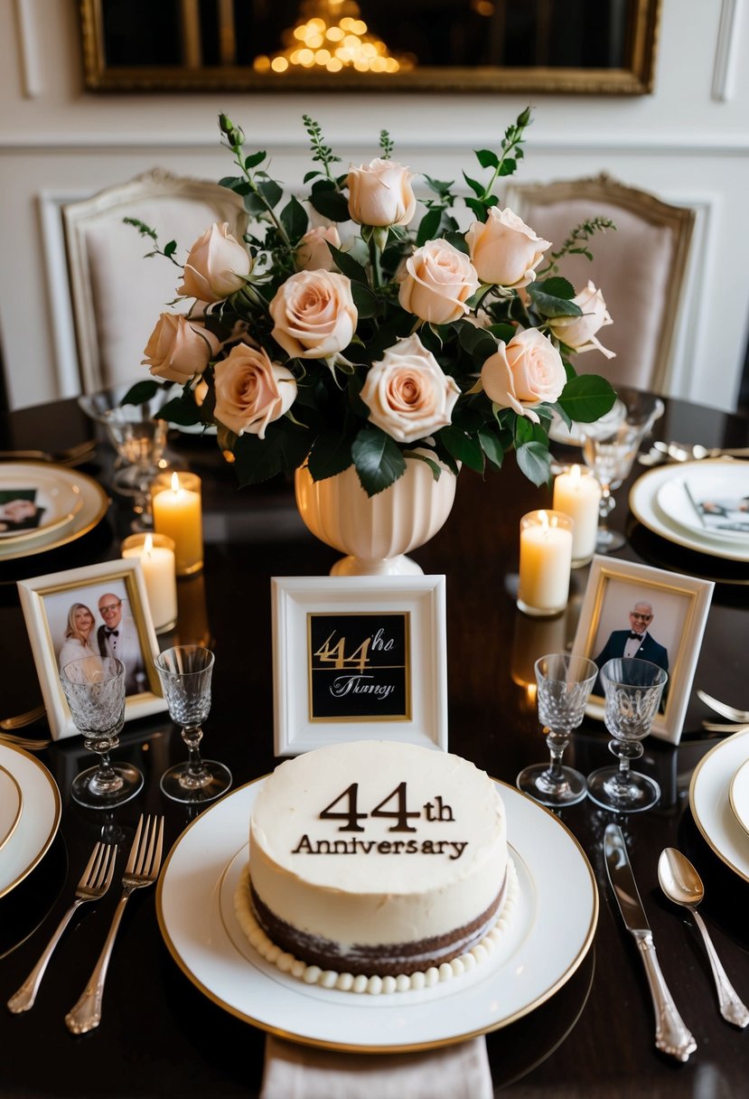 A table set with elegant dinnerware, a bouquet of roses, and a 44th anniversary cake, surrounded by candles and framed photos